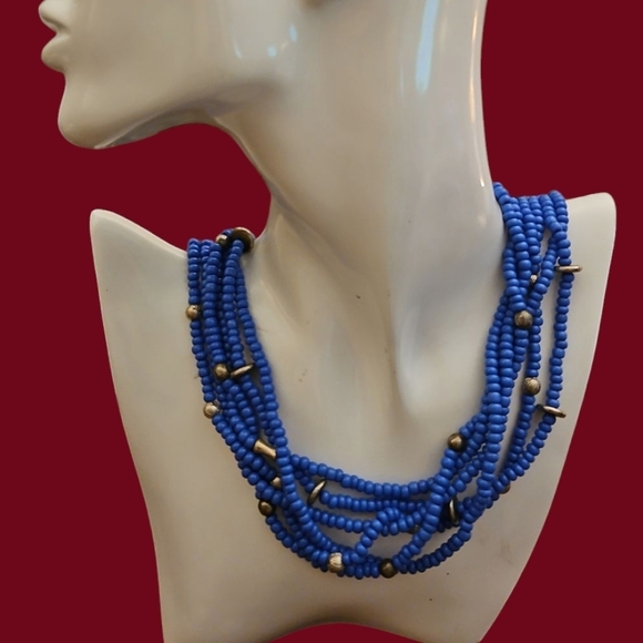 Vintage Jewelry - Vintage Estate Ethnic Cornflower Blue Multi-strand Beaded Necklace